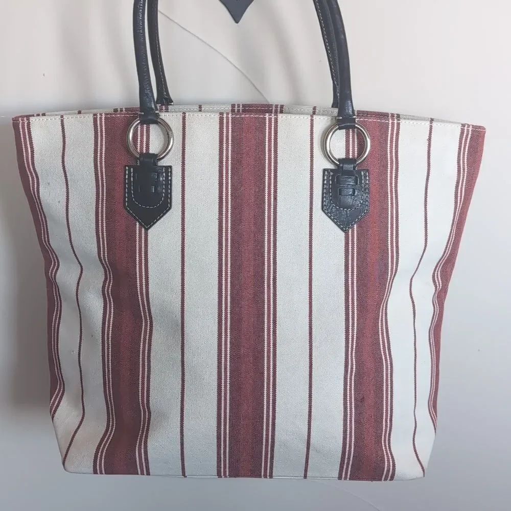 Banana Republic XL Striped Red & Cream Canvas Tote Bag w Black Leather Handles - Picture 10 of 17